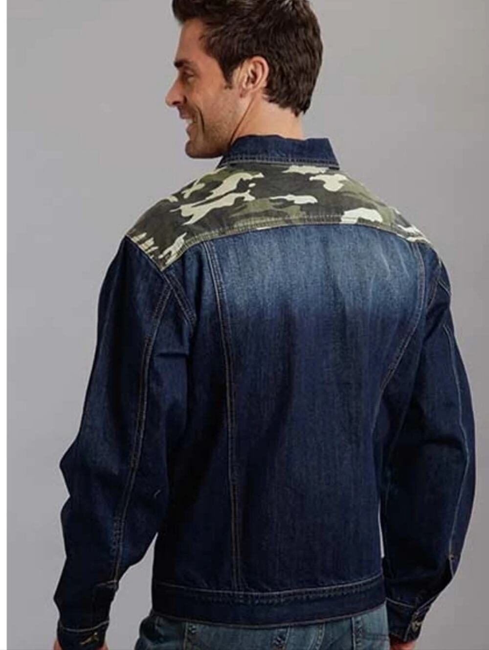 Stetson Men's Camo Back Yoke Blue Denim Jean Jacket Size Medium